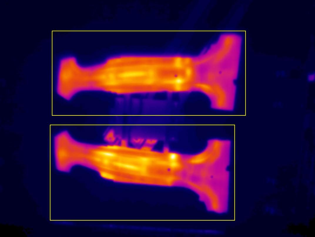 Der Inline-Prozess von AP&T misst die Materialtemperatur mit großer Genauigkeit vor und nach dem Pressvorgang. 